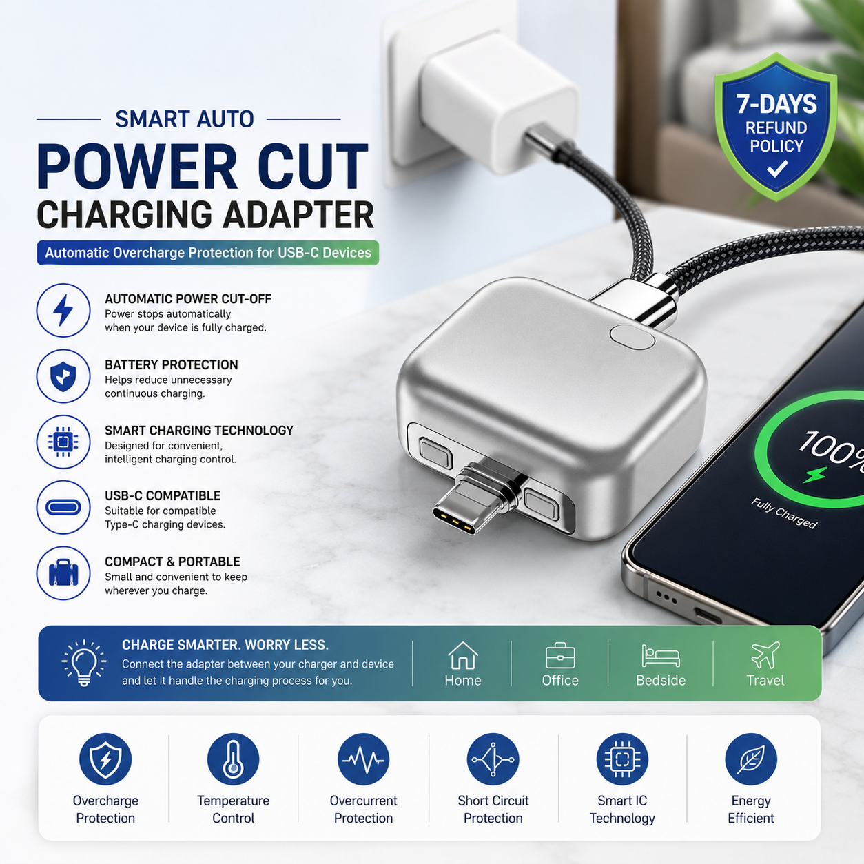Smart Auto Power Cut Charging Adapter – Automatic Overcharge Protection for USB-C Devices