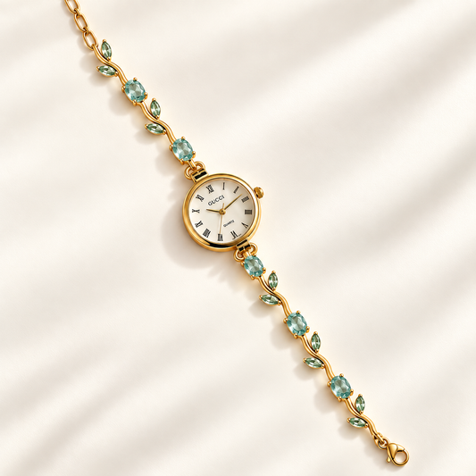 Aqua Mint Tulip Watch – Gold Green Gemstone