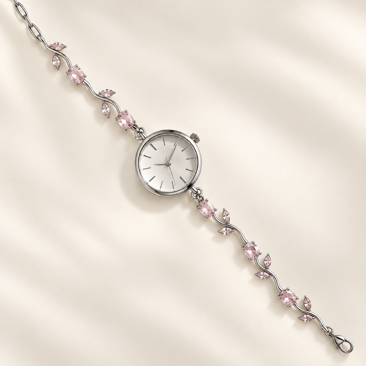 Rose Crystal Tulip Watch – Silver Pink Stone