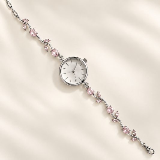 Rose Crystal Tulip Watch – Silver Pink Stone