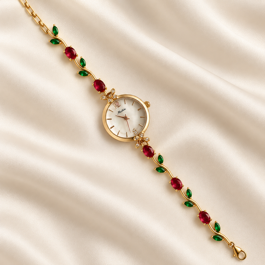 Ruby Emerald Tulip Watch – Gold Floral Stone